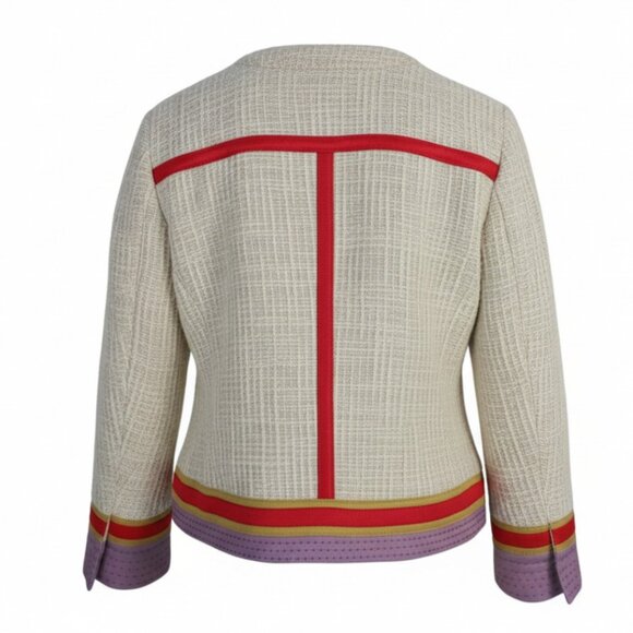 Tory Burch Farrow British Khaki Tweed Red Purple Detail Short Jacket Size 2 - Picture 4 of 7